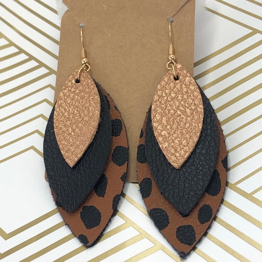 Leather Faux Earrings metallic gold brown black